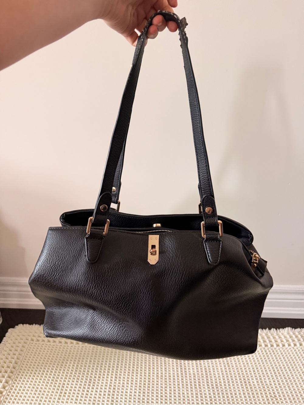 Miztique Black Pebble Shoulder Handbag with Gold Hardware